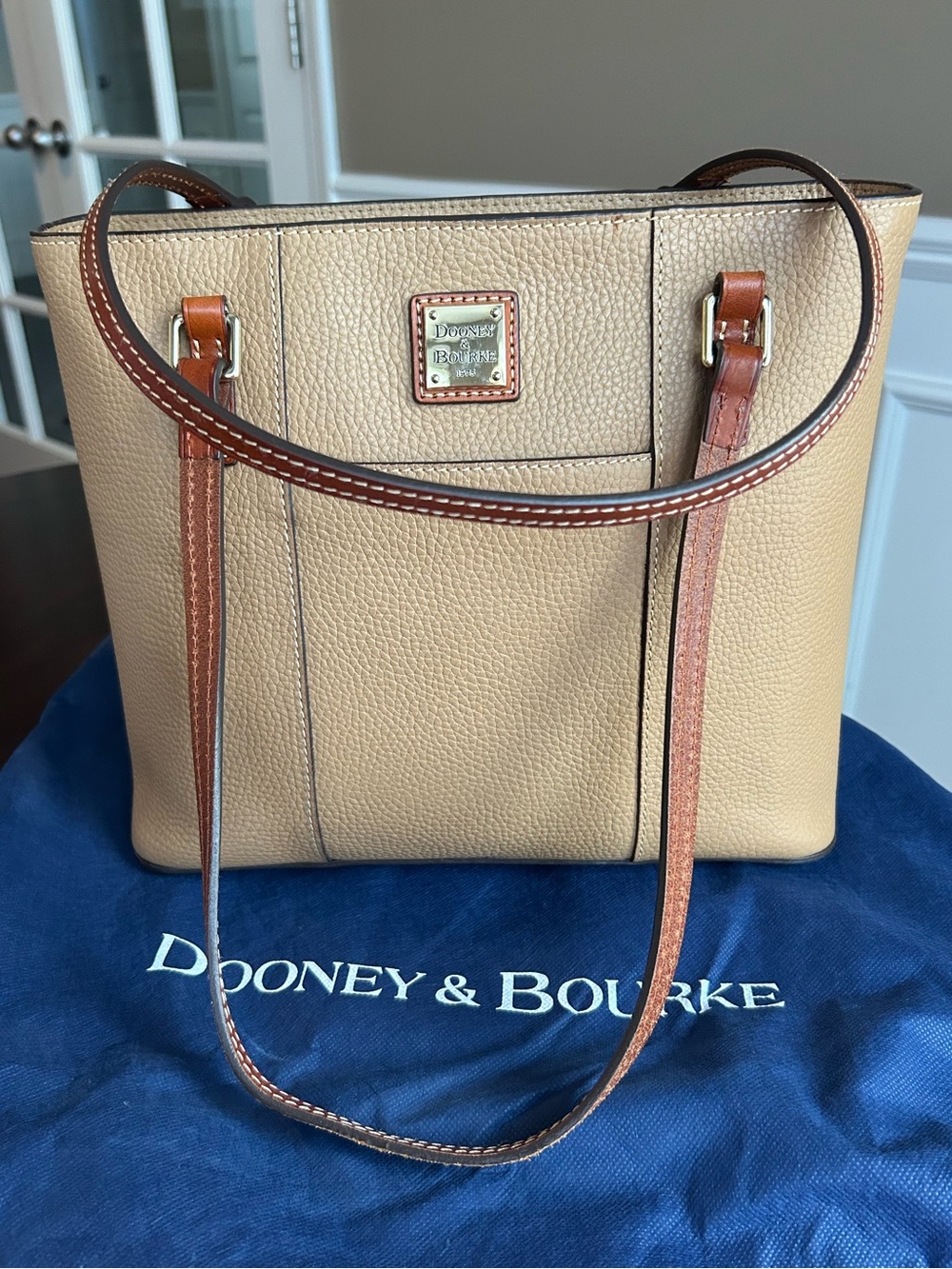 Dooney & Bourke Pebble Leather Small Lexington Tote in Desert with Brown Trim